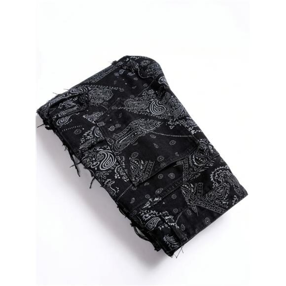 NWT Men's Black & White Paisley Ruched Stacked Jeans - Picture 5 of 5